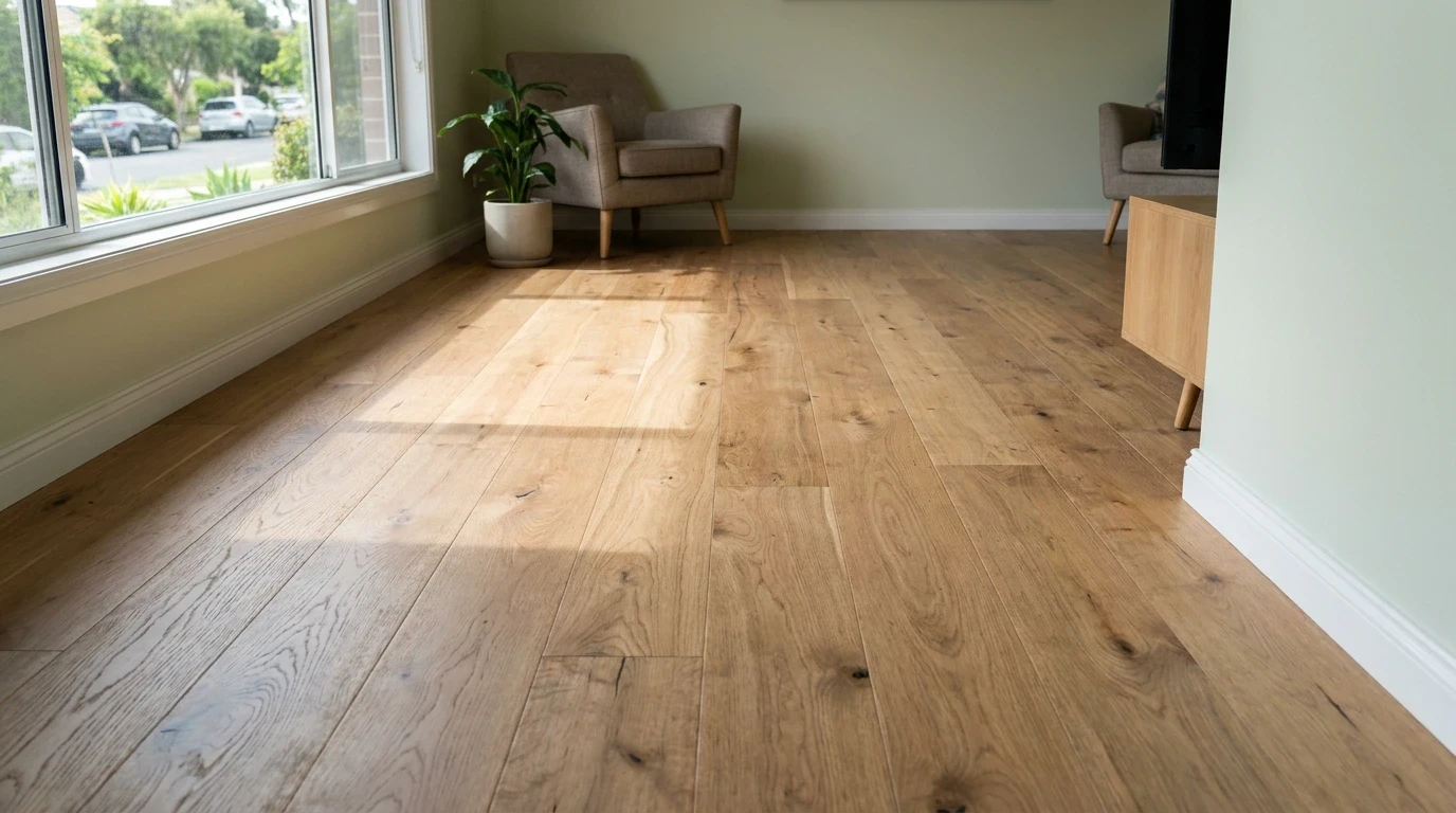 Finished timber floor in a light-filled living room