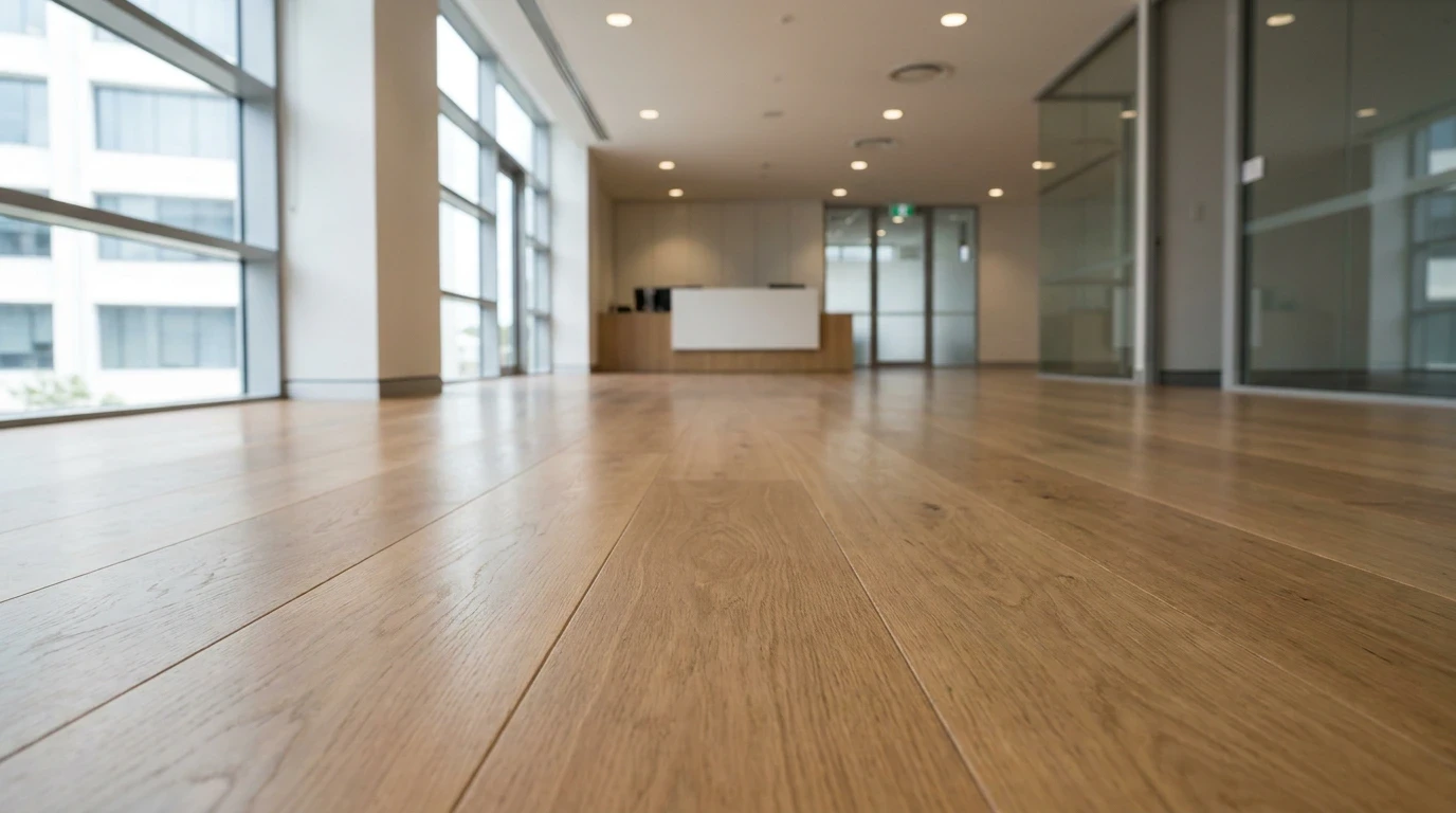 Polished timber flooring in a commercial interior