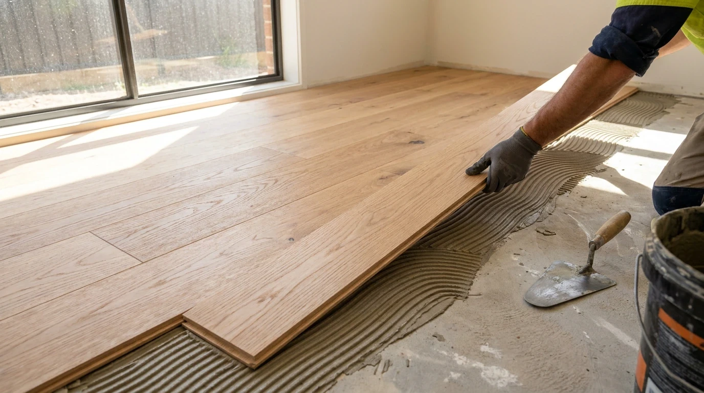 Timber floorboard being fitted onto adhesive