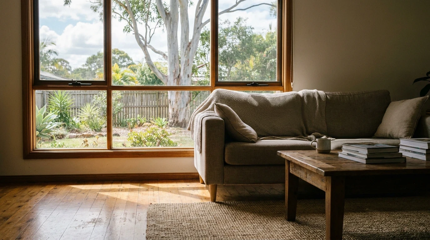 Wide-plank floating floor in a living room with a garden view