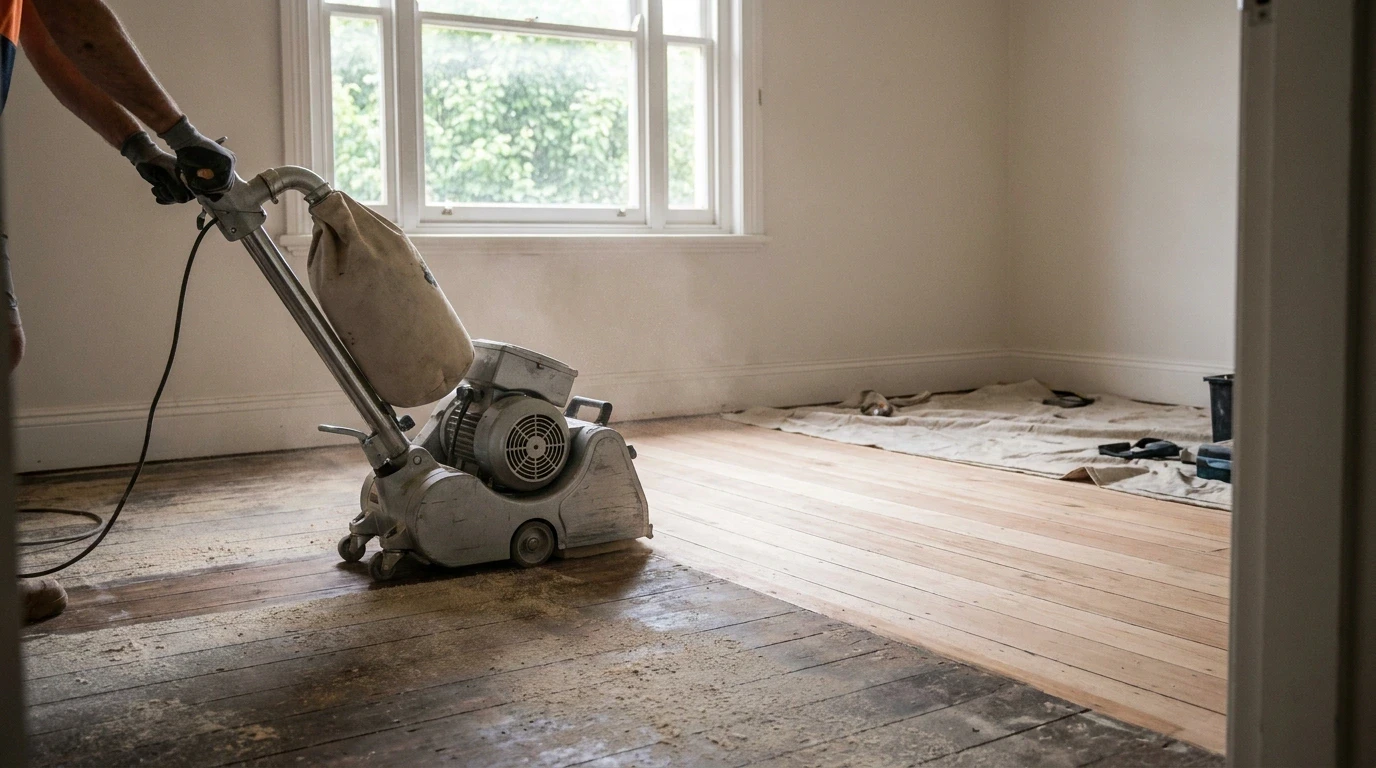 Drum sanding machine in use on a timber floor