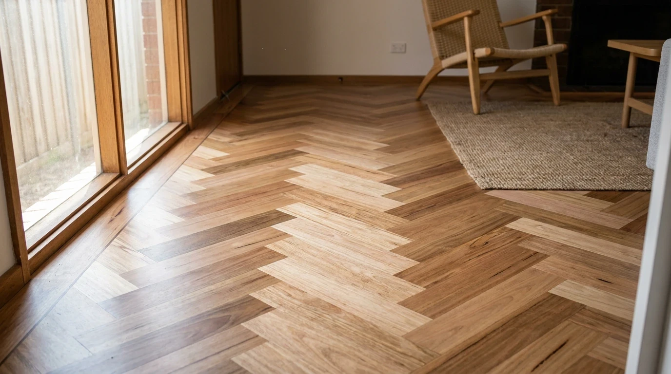 Herringbone parquetry flooring in a sunlit room
